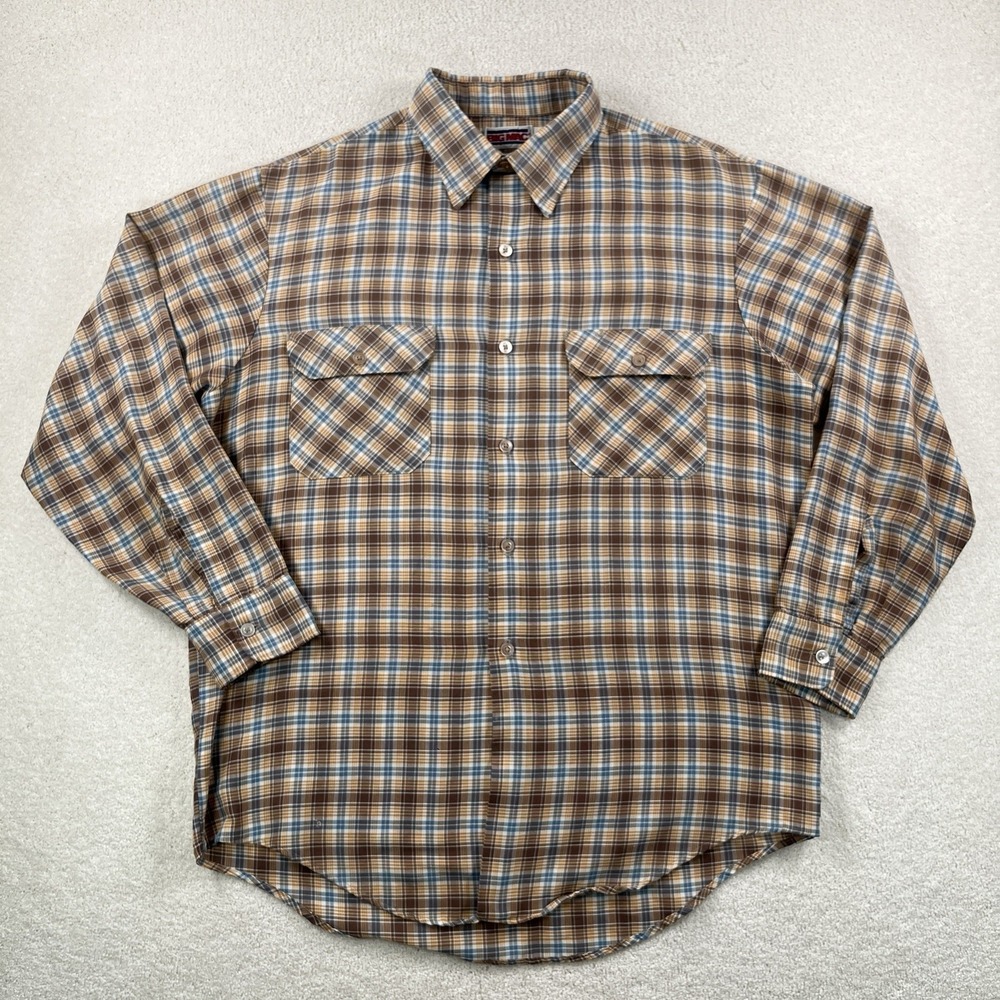 Vtg 70s Big Mac Plaid Lightweight Work Wear Shirt Men's L Brown Blue Earth Tones